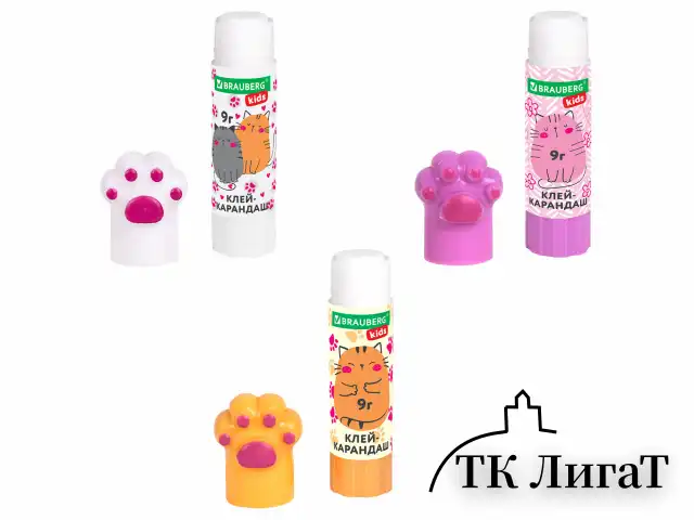 Клей-карандаш "Лапки" Cat Paw, 9 г, фигурный колпачок, 3 шт. на блистере, BRAUBERG KIDS, 271982