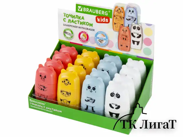 Точилка с ластиком 2 в 1 BRAUBERG KIDS "Зверушки", 2 отверстия, дизайн ассорти, 271989