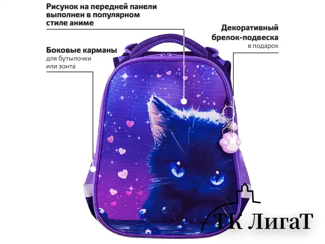 Ранец BRAUBERG PREMIUM, 2 отделения, с брелоком, "Anime cat", 38х29х16 см, 272017