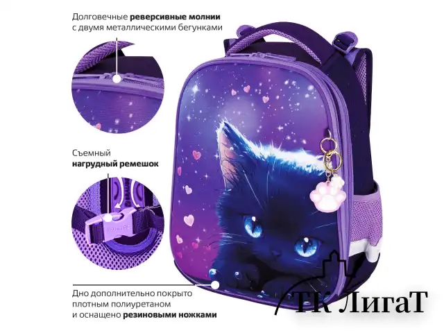 Ранец BRAUBERG PREMIUM, 2 отделения, с брелоком, "Anime cat", 38х29х16 см, 272017