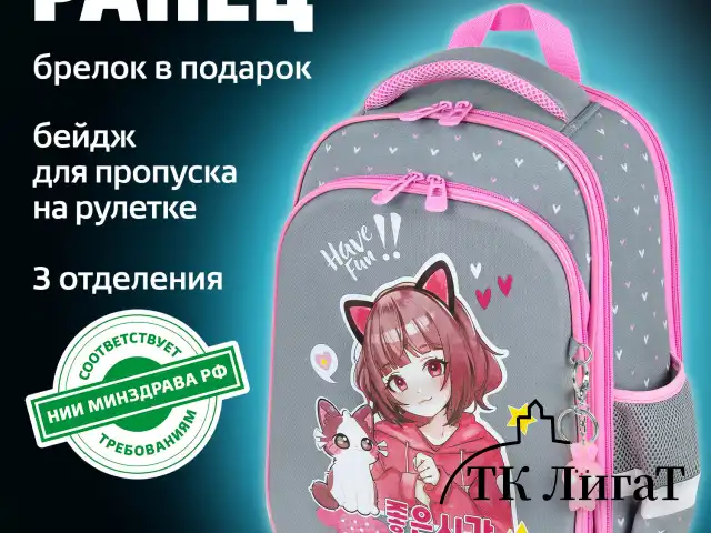 Ранец BRAUBERG QUADRO, 3 отделения, с брелком, "Anime friends", 37х28х18 см, 272022