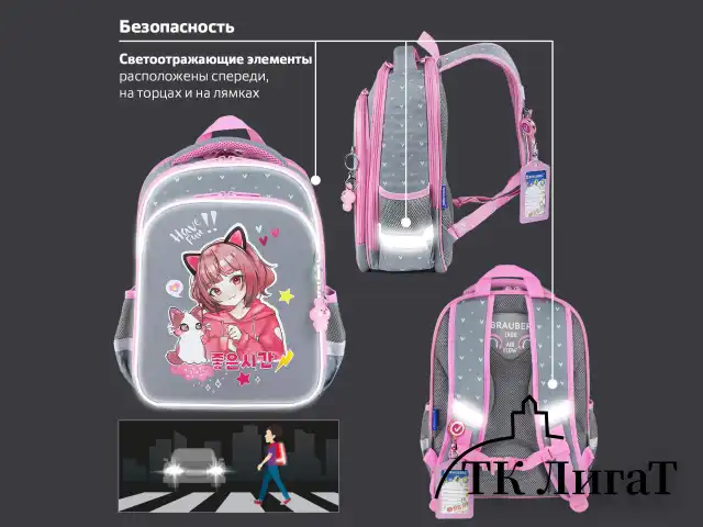Ранец BRAUBERG QUADRO, 3 отделения, с брелком, "Anime friends", 37х28х18 см, 272022