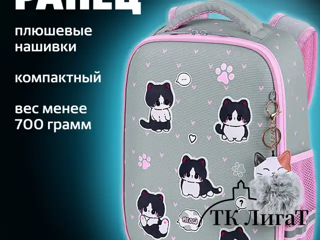 Ранец BRAUBERG LIGHT, 1 отделение, с брелоком, "Cat patches", плюшевые нашивки, 36х26х13 см, 272030