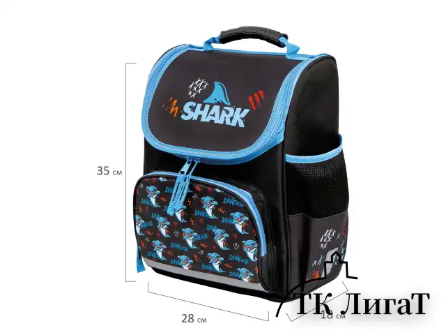 Ранец ПИФАГОР BASIC, 1 отделение, 3 кармана, эргономичная спинка, "Angry shark", 35х28х18 см, 272044