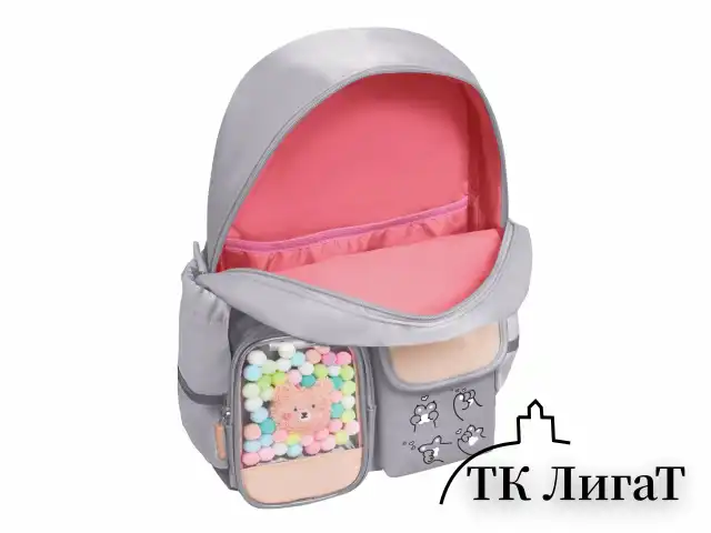 Рюкзак BRAUBERG PASTEL с термонашивками в комплекте, "Sweet paws", серый, 40х29х14 см, 272064