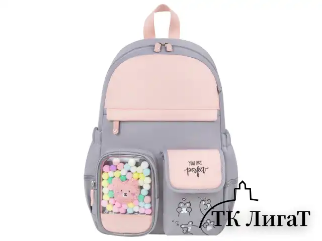 Рюкзак BRAUBERG PASTEL с термонашивками в комплекте, "Sweet paws", серый, 40х29х14 см, 272064