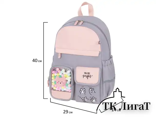 Рюкзак BRAUBERG PASTEL с термонашивками в комплекте, "Sweet paws", серый, 40х29х14 см, 272064
