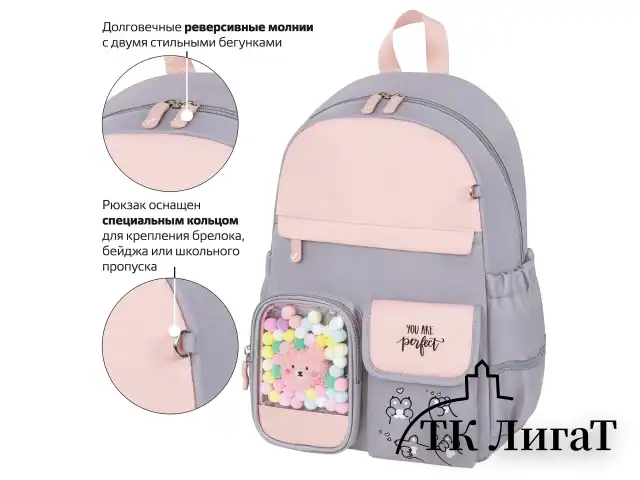 Рюкзак BRAUBERG PASTEL с термонашивками в комплекте, "Sweet paws", серый, 40х29х14 см, 272064