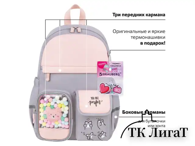 Рюкзак BRAUBERG PASTEL с термонашивками в комплекте, "Sweet paws", серый, 40х29х14 см, 272064