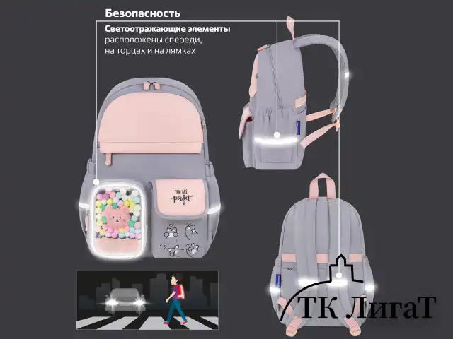 Рюкзак BRAUBERG PASTEL с термонашивками в комплекте, "Sweet paws", серый, 40х29х14 см, 272064