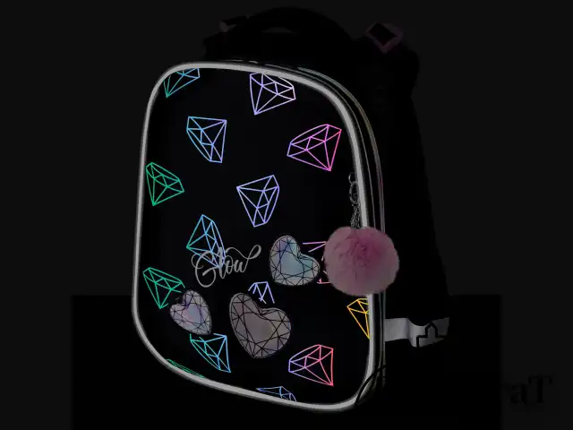 Ранец BRAUBERG LUMINOUS, 2 отделения, с брелоком, "Diamonds", СВЕТЯЩИЙСЯ РИСУНОК, 38х29х16 см, 272070