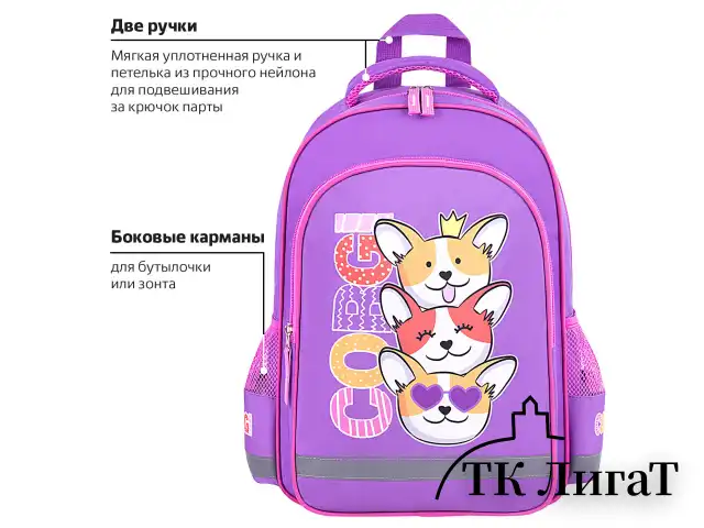 Рюкзак ПИФАГОР SCHOOL, 1 отделение, 3 кармана, "Corgi queen", 38x28х14 см, 272085