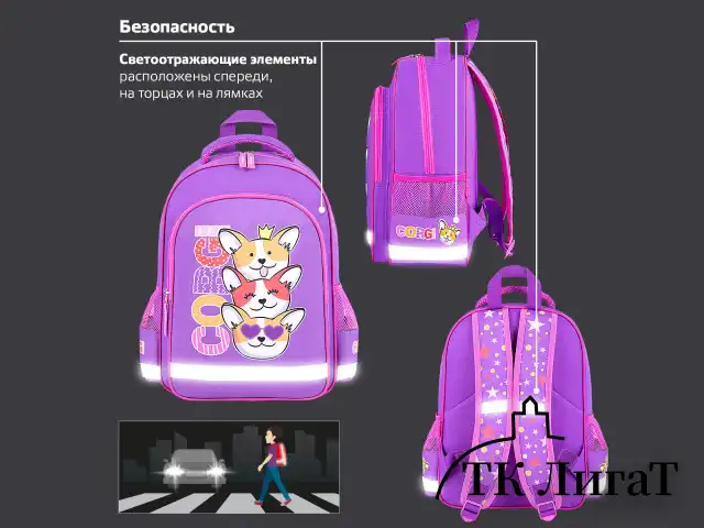 Рюкзак ПИФАГОР SCHOOL, 1 отделение, 3 кармана, "Corgi queen", 38x28х14 см, 272085
