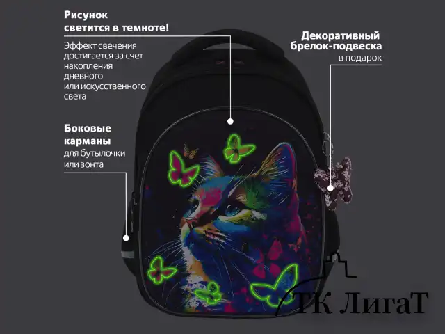 Рюкзак BRAUBERG OPTIMA, 2 отделения, с брелоком, "Butterfly catcher", СВЕТЯЩИЙСЯ, 36х27х18 см, 272097