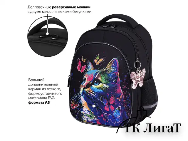 Рюкзак BRAUBERG OPTIMA, 2 отделения, с брелоком, "Butterfly catcher", СВЕТЯЩИЙСЯ, 36х27х18 см, 272097