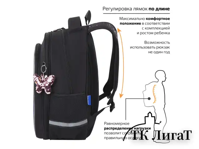 Рюкзак BRAUBERG OPTIMA, 2 отделения, с брелоком, "Butterfly catcher", СВЕТЯЩИЙСЯ, 36х27х18 см, 272097