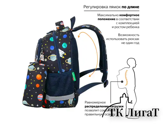 Рюкзак BRAUBERG KIDS SET, с пеналом в комплекте, 2 отделения, "Space infinity", 37x28x16 см, 272099