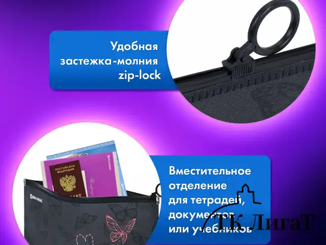 Папка для тетрадей BRAUBERG А4, 1 отделение, пластик, на zip-lock-молнии, "Neon butterflies", 272103