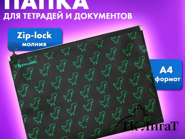 Папка для тетрадей BRAUBERG А4, 1 отделение, пластик, на zip-lock-молнии, "Dino matrix", 272106