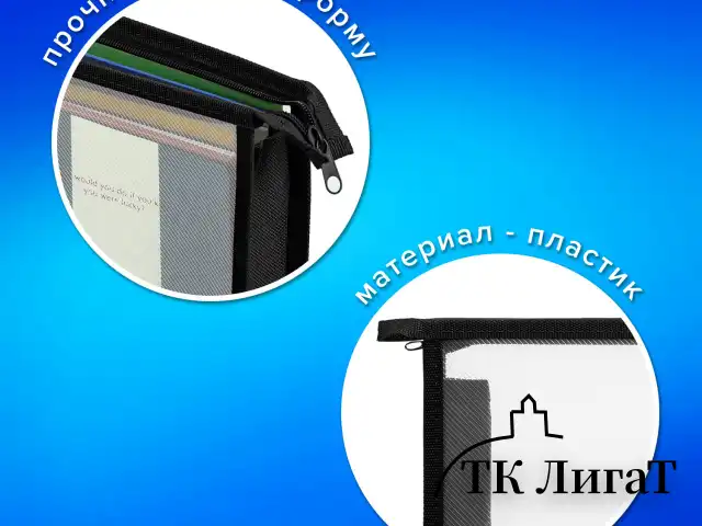 Папка для тетрадей А4 ПИФАГОР, пластик, молния сверху, прозрачная, черный, 272107