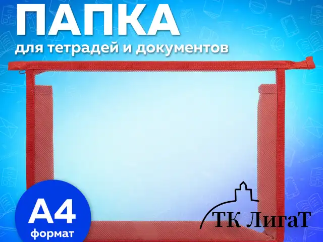 Папка для тетрадей А4 ПИФАГОР, пластик, молния сверху, прозрачная, красный, 272108