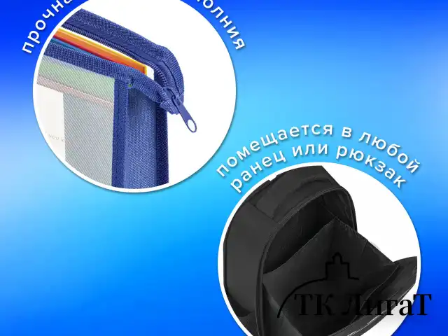 Папка для тетрадей А4 ПИФАГОР, пластик, молния сверху, прозрачная, синий, 272109