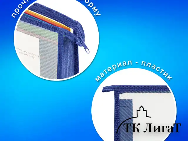 Папка для тетрадей А4 ПИФАГОР, пластик, молния сверху, прозрачная, синий, 272109