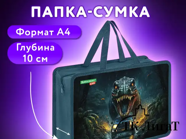 Папка на молнии с ручками BRAUBERG KIDS А4, 1 отделение, пластик, 100 мм, "Dino chase", 272119
