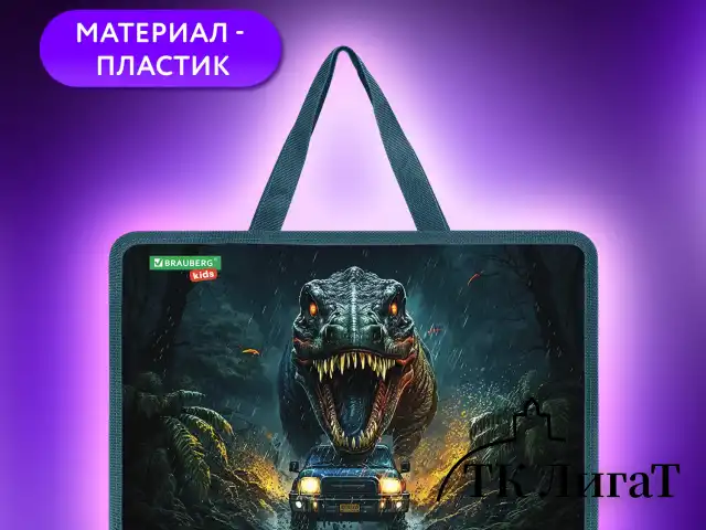 Папка на молнии с ручками BRAUBERG KIDS А4, 1 отделение, пластик, 100 мм, "Dino chase", 272119