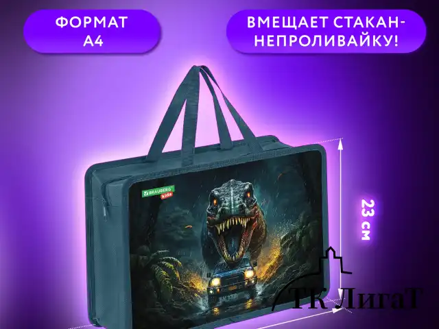 Папка на молнии с ручками BRAUBERG KIDS А4, 1 отделение, пластик, 100 мм, "Dino chase", 272119