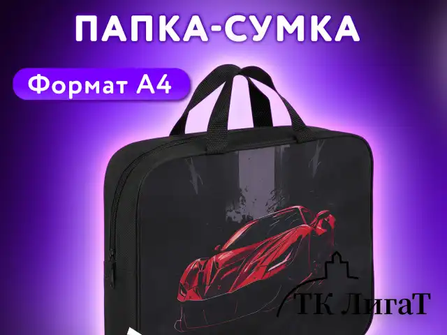 Папка на молнии с ручками BRAUBERG KIDS А4, 1 отделение, полиэстер, 80 мм, "Red car", 272122