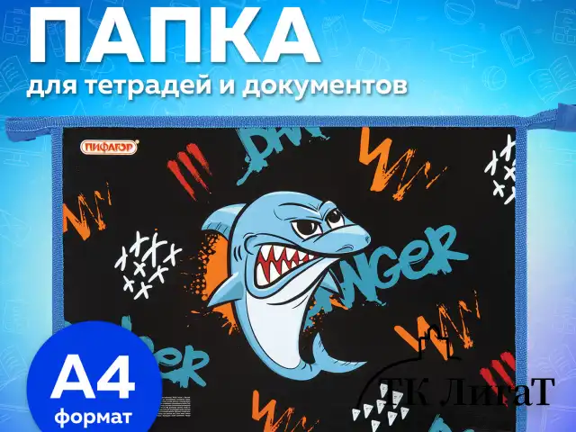 Папка для тетрадей ПИФАГОР А4, 1 отделение, картон/пластик, на молнии, "Angry shark", 272129