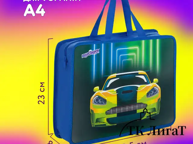 Папка на молнии с ручками ЮНЛАНДИЯ А4, 1 отделение, пластик, 80 мм, "Neon car", 272160