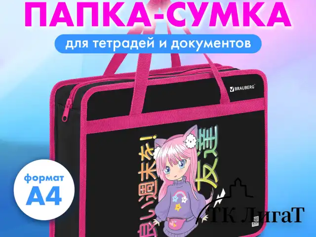 Папка на молнии с ручками BRAUBERG А4, 1 отделение, пластик, 80 мм, "Anime girl", 272162