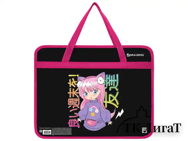 Папка на молнии с ручками BRAUBERG А4, 1 отделение, пластик, 80 мм, "Anime girl", 272162