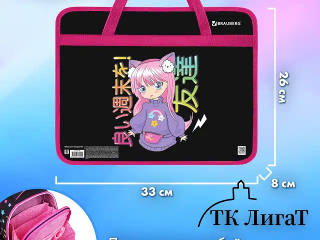 Папка на молнии с ручками BRAUBERG А4, 1 отделение, пластик, 80 мм, "Anime girl", 272162