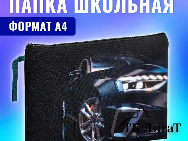 Папка для тетрадей BRAUBERG А4, 1 отделение, полиэстер, на молнии, с ручкой, Super car, 272171