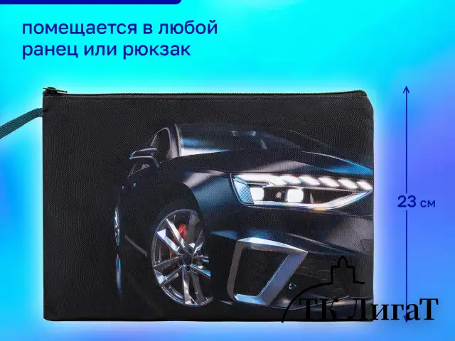 Папка для тетрадей BRAUBERG А4, 1 отделение, полиэстер, на молнии, с ручкой, Super car, 272171