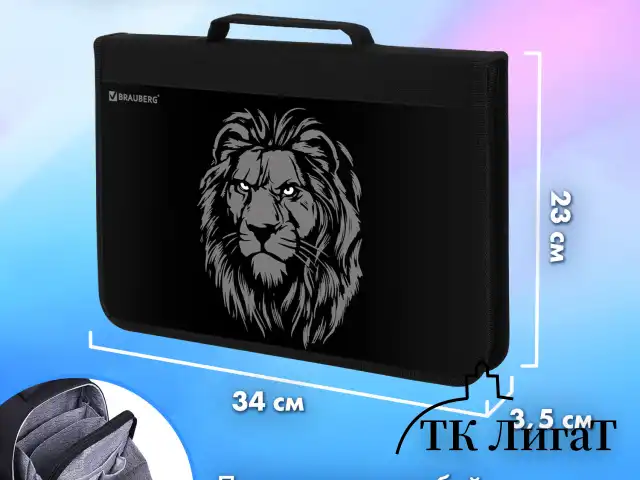 Папка на молнии BRAUBERG А4 с ручкой, с органайзером, 1 отделение, "Savage lion", 272218