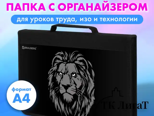 Папка на молнии BRAUBERG А4 с ручкой, с органайзером, 1 отделение, "Savage lion", 272218