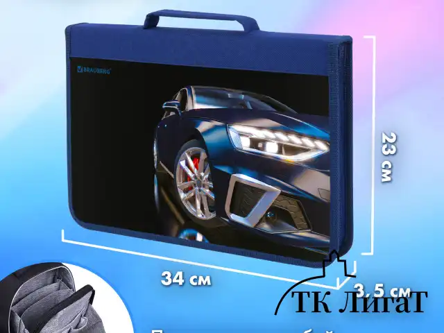Папка на молнии BRAUBERG А4 с ручкой, с органайзером, 1 отделение, "Super car", 272219