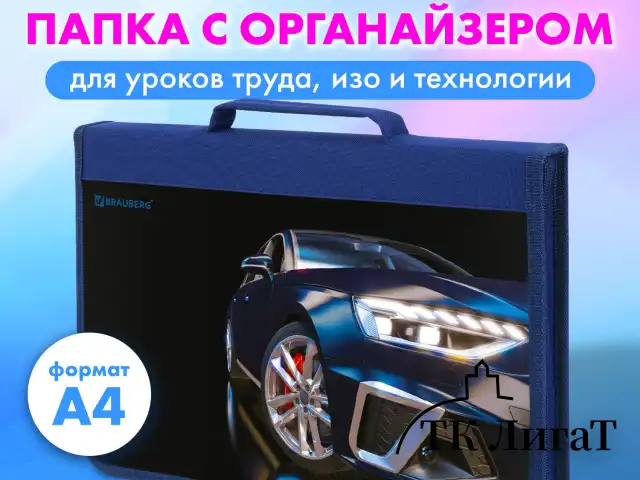 Папка на молнии BRAUBERG А4 с ручкой, с органайзером, 1 отделение, "Super car", 272219