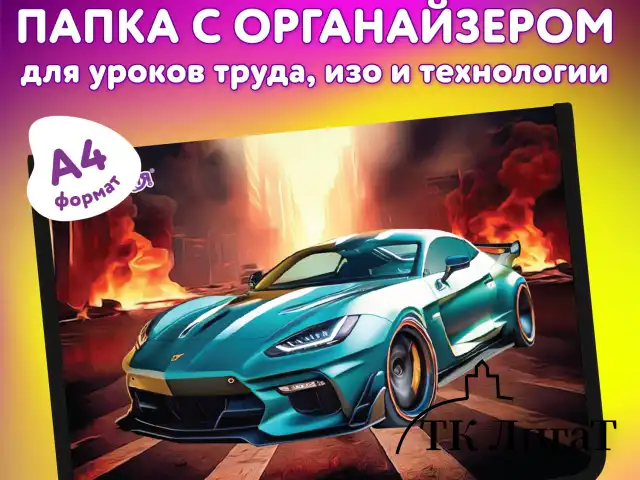Папка для труда на молнии ЮНЛАНДИЯ А4, 1 отделение, откидная планка, органайзер, "Fire car", 272223
