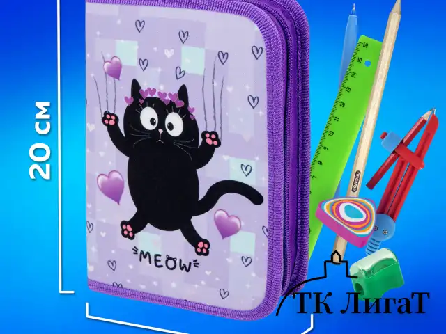 Пенал ПИФАГОР, 1 отделение, 2 откидные планки, полиэстер, 20х14 см, "Falling cat", 272287