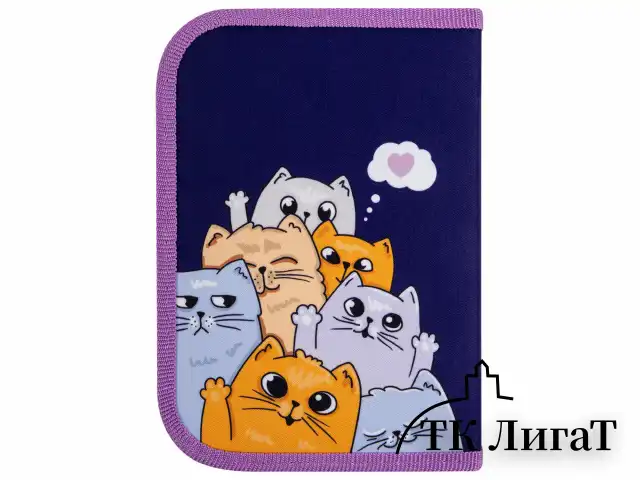 Пенал ПИФАГОР, 1 отделение, 1 откидная планка, полиэстер, 19х13 см, "Cats greetings", 272291