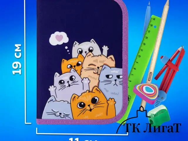 Пенал ПИФАГОР, 1 отделение, 1 откидная планка, полиэстер, 19х13 см, "Cats greetings", 272291