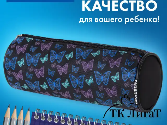 Пенал-косметичка BRAUBERG, Butterflies, черный, 20х7х7см, 272296
