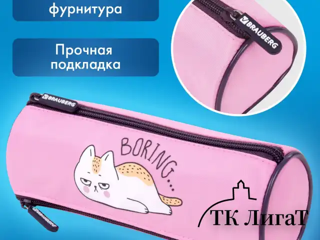 Пенал BRAUBERG, 3 отделения, нейлон, 21х7х7 см, "Lazy cat", 272306