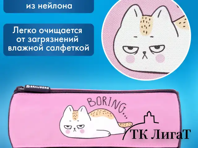 Пенал BRAUBERG, 3 отделения, нейлон, 21х7х7 см, "Lazy cat", 272306