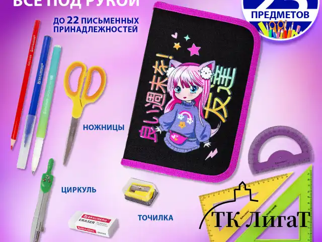 Пенал BRAUBERG, 1 отделение, 1 откидная планка, полиэстер, 21х14 см, "Anime girl", 272323